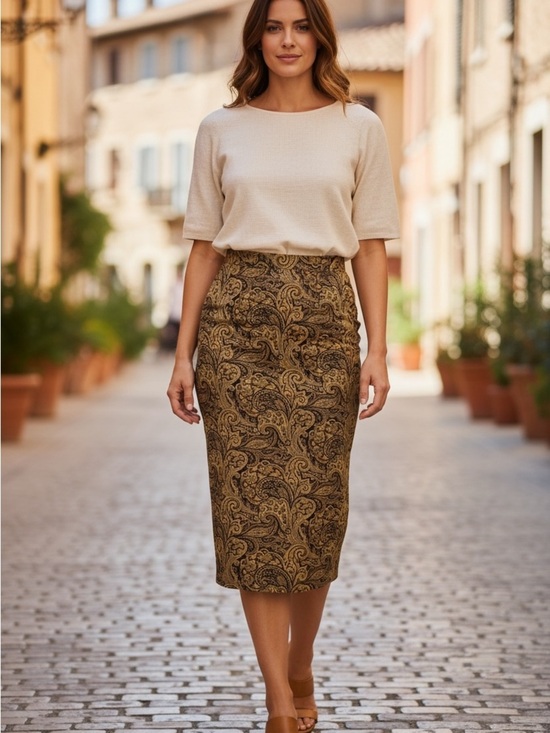 Tabi Dresses & Skirts - Tabi  Paisley Pencil Skirt in Brown